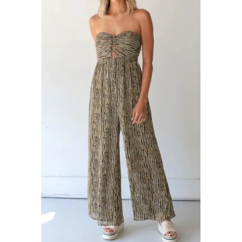 LUSH‎ Ruched Halter Jumpsuit Wide Leg Print Olive Green Women's S NWT